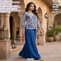 Royal Blue Pure Crepe Silk Embroidered Jacket Palazzo Set